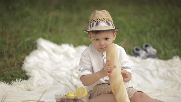 A Little Caucasian Boy with Pretty Face Eats an Yummy Baguette in the Park