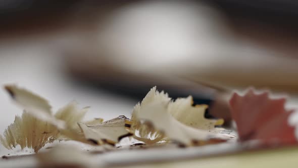 Close-up of shavings from a pencil falling on the table. Sharpening a pencil. alt