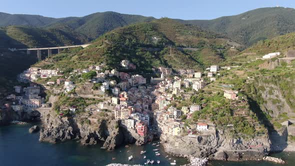 Aerial view of Riomaggiore village, part of Cinque Terre, Italy, Europe alt