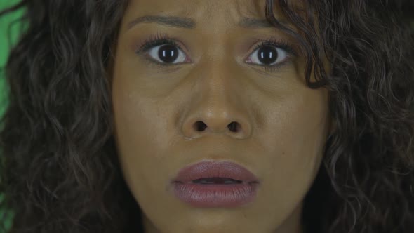 Portrait of Beautiful African American Young Woman Is Looking at Camera Scared and Says Wow with alt