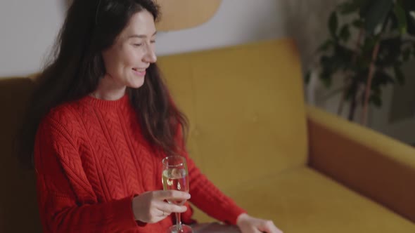 Happy Asian Multiracial Woman in Birthday Cap Celebrating Holiday Via Video Call Chat Together with alt