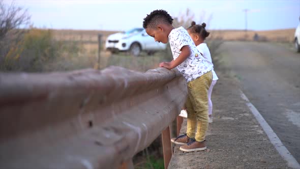 Small South African boy and girl standing on a low bridge in a winter landscape at dusk swinging the alt