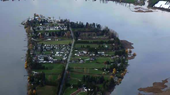 Aerial View Municipal Area in Swollen Lake, Canadian West Coast Flood alt