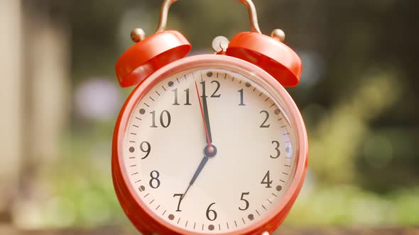 Old vintage red alarm clock shaking and ringing on a garden table. 4KHD ...