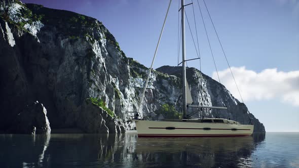Yacht in the Sea with Greeny Rocky Island alt