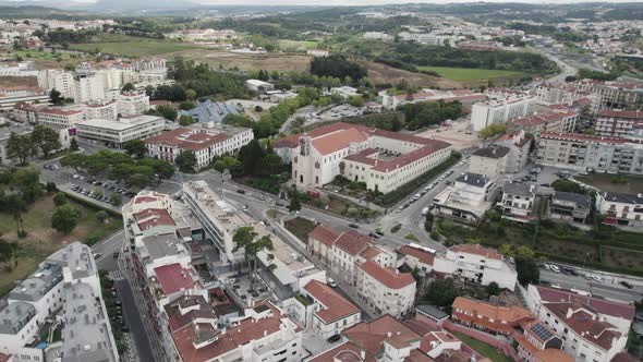 Aerial view Church and convent São Francisco à Portela cityscape, Leiria