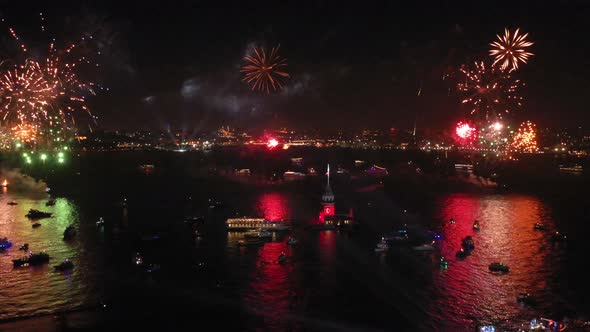 Aerial video Fireworks shows of Istanbul Maiden's Tower, October 29 Republic Day events alt