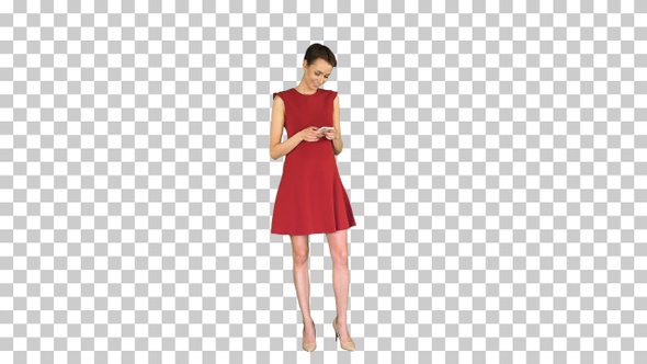 Young happy attractive female in red dress, Alpha Channel alt