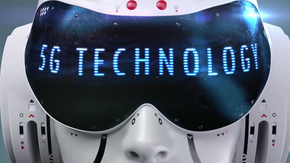 artificial Intelligence. sci fi robot head close-up. the inscription "5g technology" alt