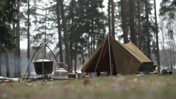 View of a Vintage Canvas Tourist Tent at a Campsite in a Pine Forest