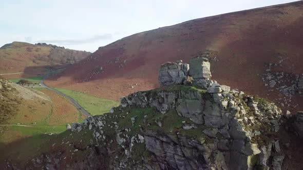 Perfect View Of Castle Rock In The Valley Of Rocks Near Lynmouth on Exmoor, In North Devon, England. alt
