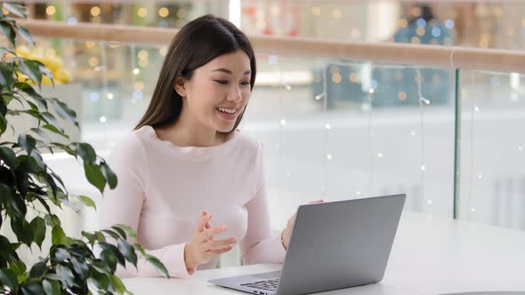 Asian Woman Female Student Girl Freelancer Talking with Friend Family Using Laptop Computer Having alt
