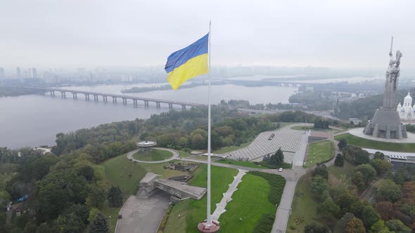 Aerial View of the Flag of Ukraine in Kyiv. Slow Motion. Kiev alt