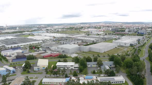 Large warehouse storage industrial area in Pilsen,Czechia,drone shot. alt
