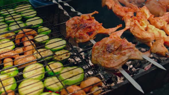 Meat and Vegetables are Roasted on a Fire alt