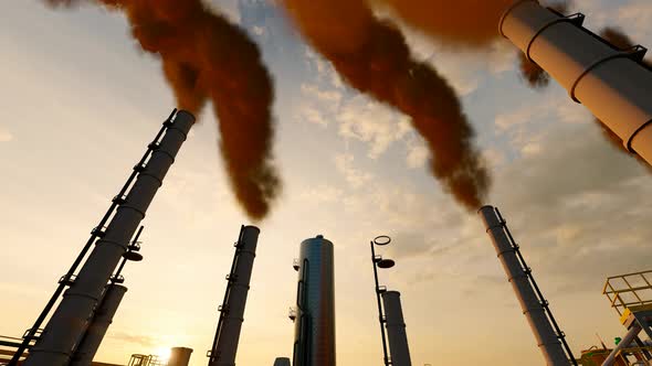 Under The Setting Sun, The Chimney Of The Chemical Plant Emits Waste Gas And Smoke