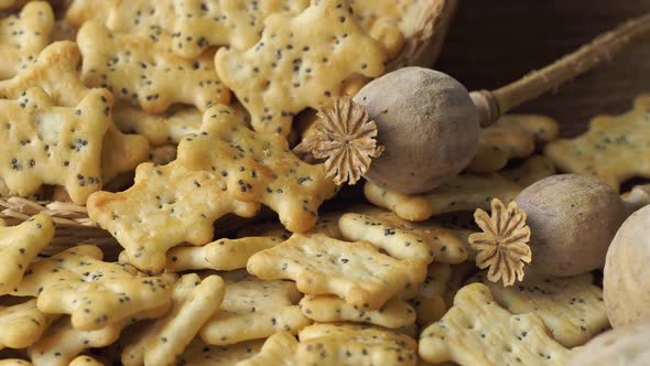 Baked party poppy seed crackers, dry poppy heads . Salty snacks