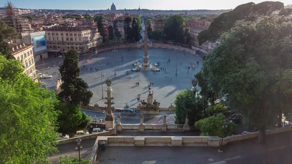 Aerial View of the Large Urban Square the Piazza Del Popolo Timelapse Rome at Sunset alt