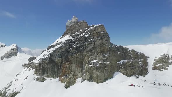 Aerial of Aletsch glacier and Jungfraujoch summit station, Switzerland alt