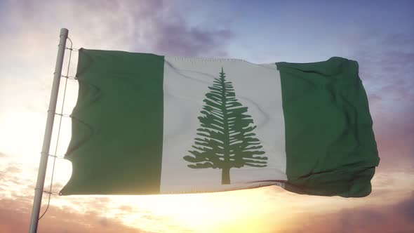 Norfolk Island Flag Italy Waving in the Wind Sky and Sun Background alt