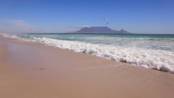 Travel drone Table Mountain, Table Bay, kiteboarders, Bloubergstrand, Cape Town, South Africa. alt