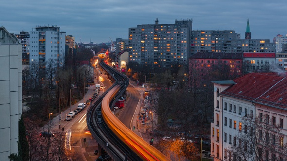 Day to Night Aerial View Time Lapse of Berlin with traffic flow in Kreuzberg, Berlin, Germany alt