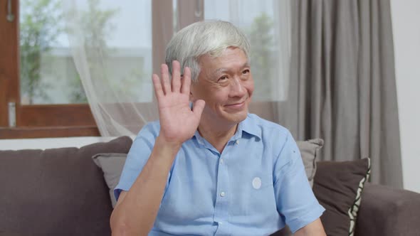 Older male relax toothy smile looking to camera while lying sofa in living room. alt