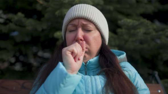 Poor Unhealthy Woman Coughing Into Fist Feels Badly Suffering Virus Symptoms