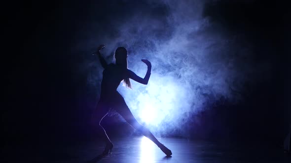 Girl Dancing Movements of Salsa, Rumba, Silhouette. Dark Background, Blue Backlight alt