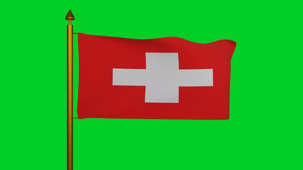 National flag of Switzerland waving with flagpole chroma key, Republic of Swiss Confederation flag alt