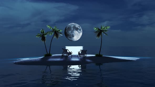 Moonrise on a tropical island, sun loungers on the beach and palm trees.