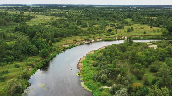 Aerial View Green Forest On Coast Of Curved River Landscape In Summer Day