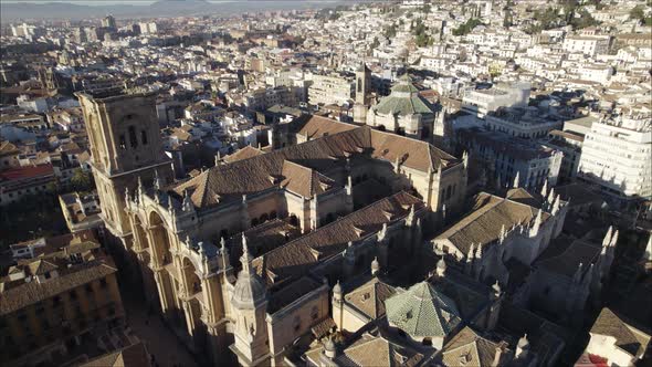 Granada Cathedral and cityscape, Spain. Aerial circling