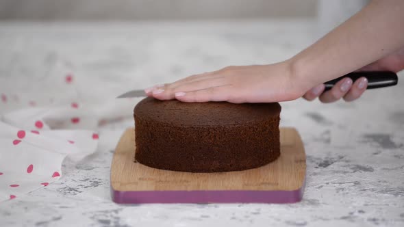Woman pastry chef cuts chocolate sponge cake with knife, close-up. alt