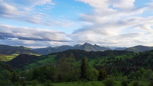A Panoramic View of the Mountain and Forest Landscape in the Carpathian Mountains at the End of the