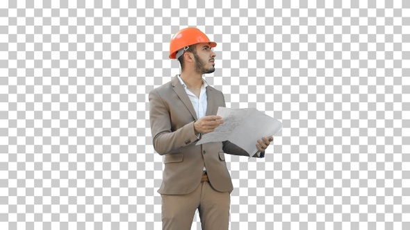 Architect in helmet checking construction plan, Alpha Channel