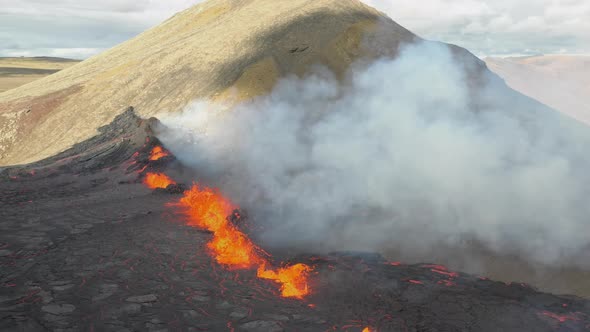 Fagradalsfjall Volcano Eruption. Aerial Drone Footage Of Boiling Hot Orange Lava Spewing Out Of Erup alt