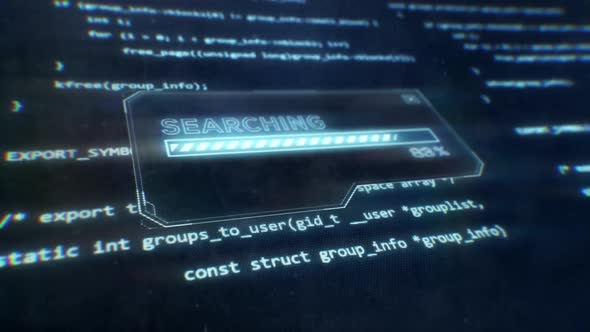 Computer Code Displayed on Sci-Fi Screen as Searching Message is Displayed