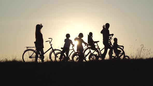 Silhouettes of a Large Large Family Waving Their Hands To the Sun with Bicycles and Dogs at Sunset alt