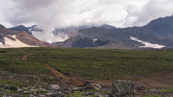 Stunning Active Volcano Landscape, Fumarole Clouds Erupting from Crater