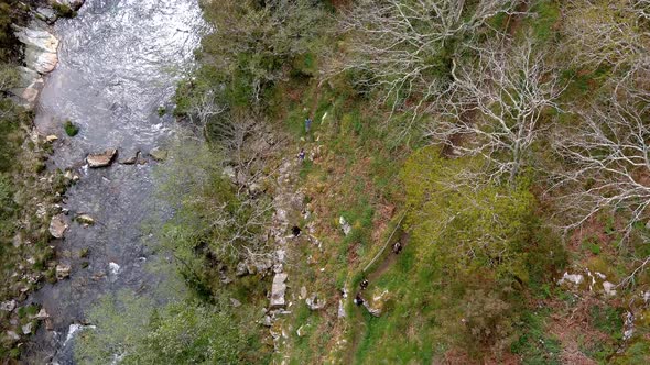 Aerial bird's eye view over hiking trail beside Sor river by the viewpoint of Aguas Caídas, Manón, L alt