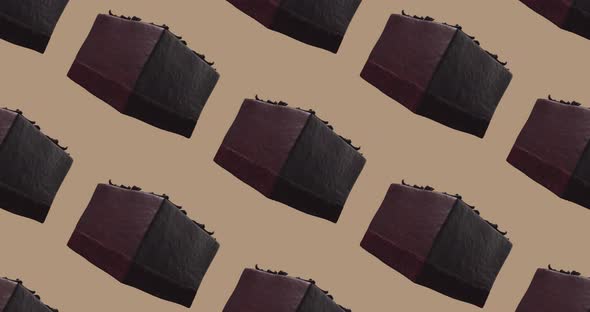 Minimal animation design. 3d chocolate biscuit cake on beige cofee colours space. 