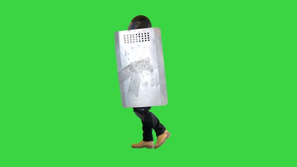 Riot Police Unit Walking with a Shield and Baton on a Green Screen Chroma Key alt