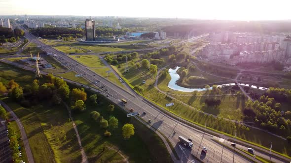 Park and road near the lake in Minsk 