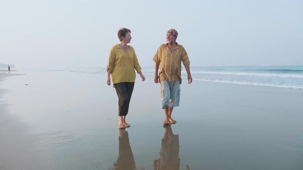 Senior Couple Walking on the Beach and Talking Steadicam Shot