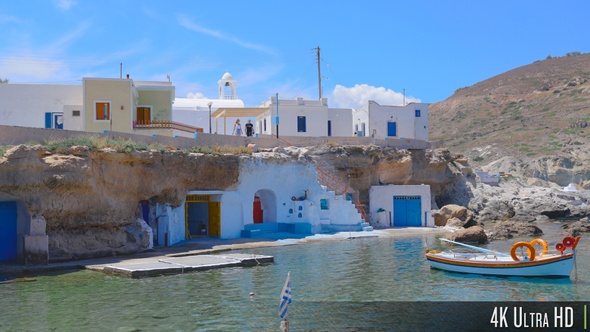 4K Small Picturesque Greek Houses Along the Beachfront of Mandrakia on Milos Island, Greece alt