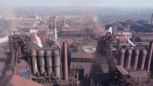 Blast furnaces of a metallurgical plant. Aerial view