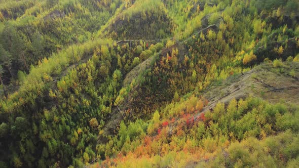 Aerial view of a wild autumn forest in a hilly area.