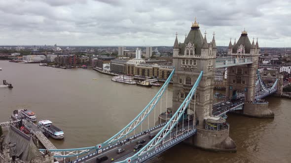 Drone View of the Tower Bridge in Cloudy August