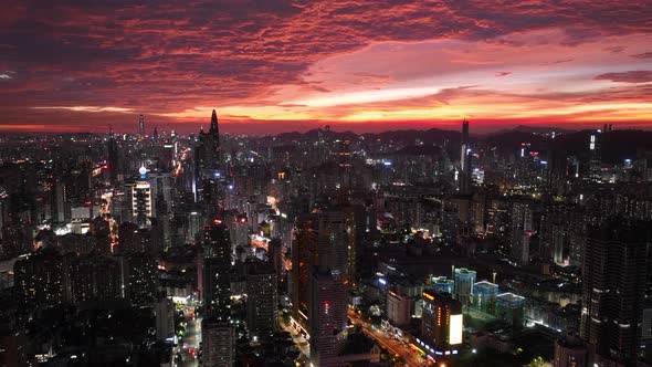 Aerial footage of landscape at night in shenzhen city, China, Hyperlapse alt